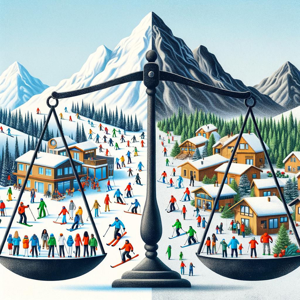 Illustration of a balance scale in front of snowy peaks, with a busy ski slope in one pan and a cluster of houses in the other