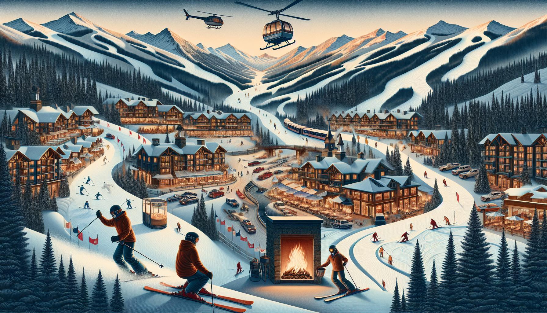 Illustration of a snowy mountain village with skiers, a gondola cabin and a helicopter above forested slopes at dusk