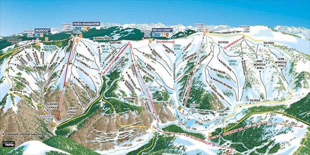 Illustrated trail map of the Back Bowls at Vail Mountain, showing Wildwood, Two Elk Lodge, China Bowl and the Mongolia Bowls