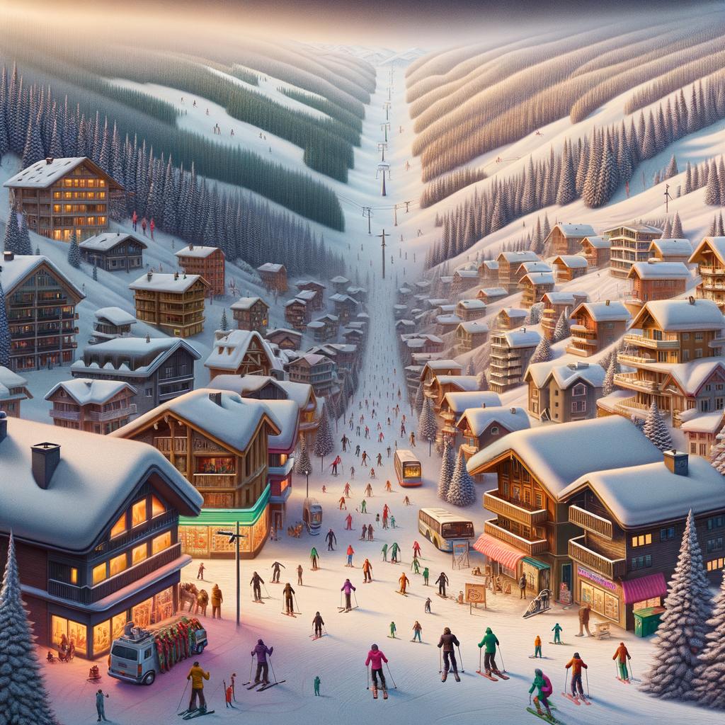 Illustration of a snowy ski village of wooden chalets with skiers and small buses at the base of forested slopes and a chairlift line